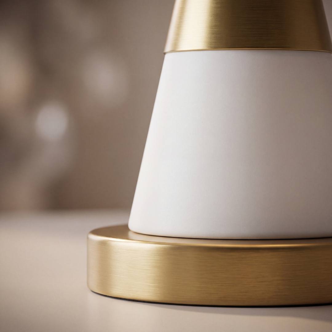 Primer plano del cono dorado cepillado y pantalla texturizada de la lámpara ELENA