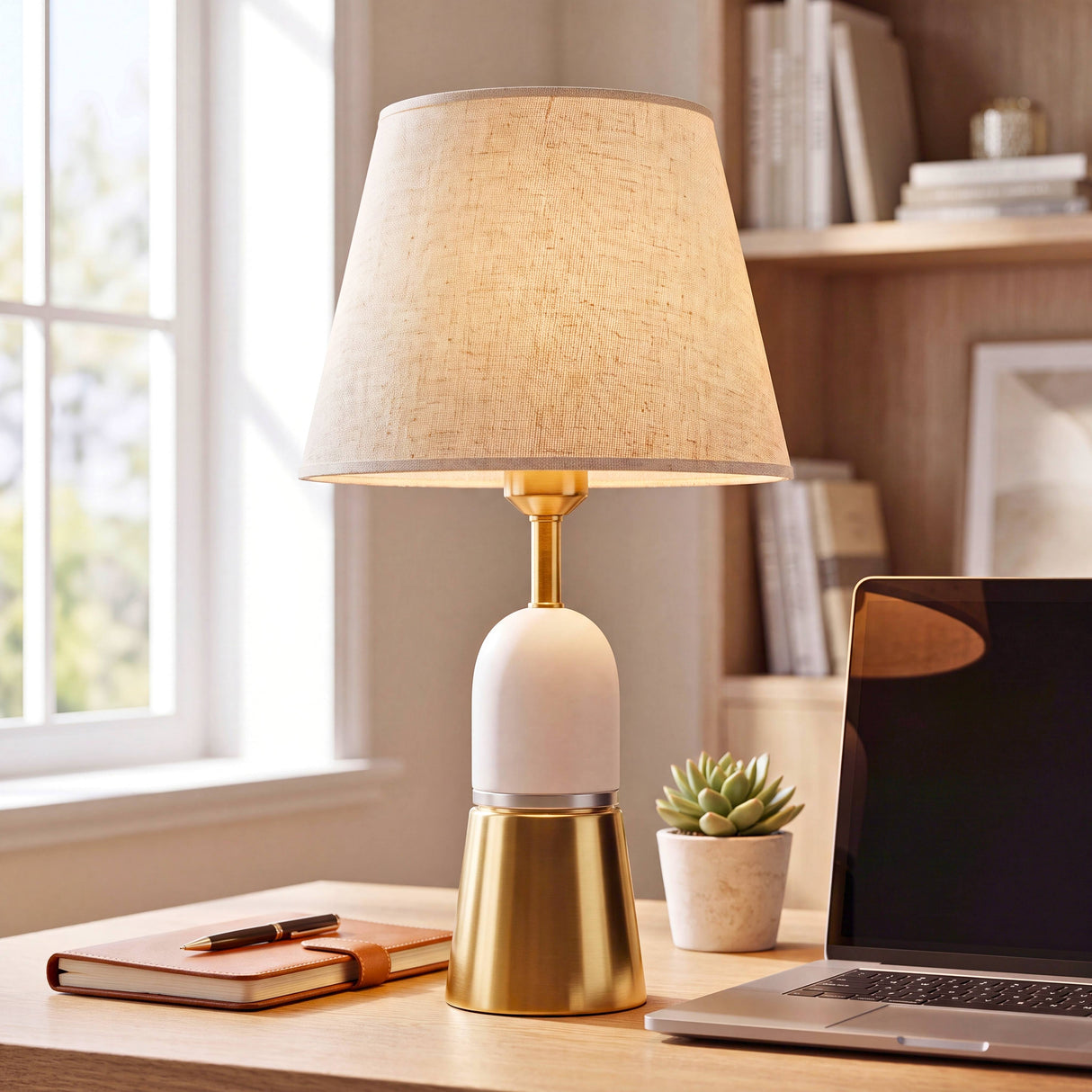 Lámpara de mesa Olivia Gold en escritorio de home office junto a la ventana