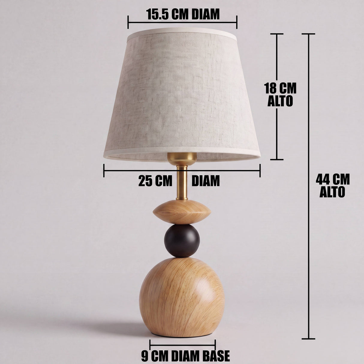 Dimensiones de la lámpara de mesa FREYA: 44 cm de alto y pantalla de 25 cm