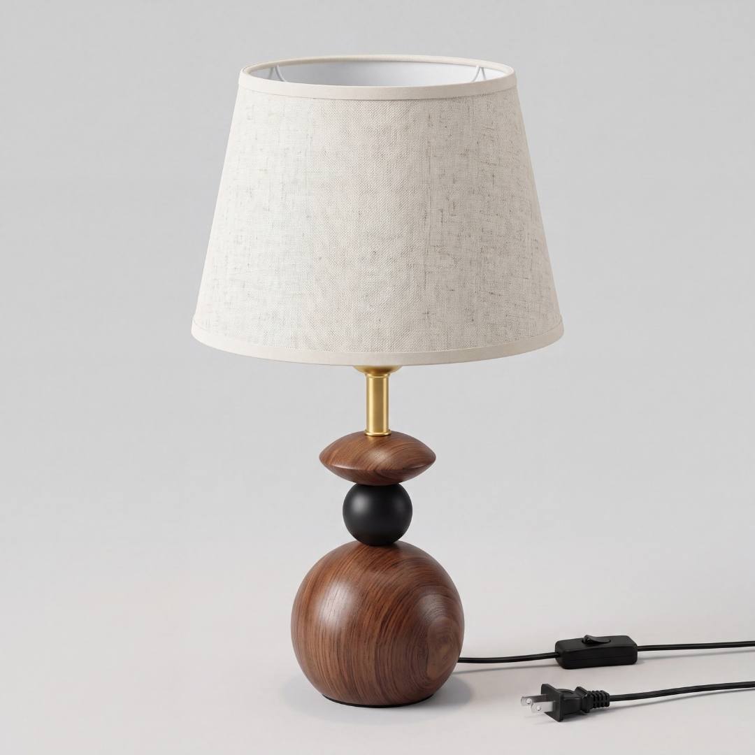 Lámpara de mesa FREYA WALNUT AND BLACK de estilo mid-century sobre fondo claro
