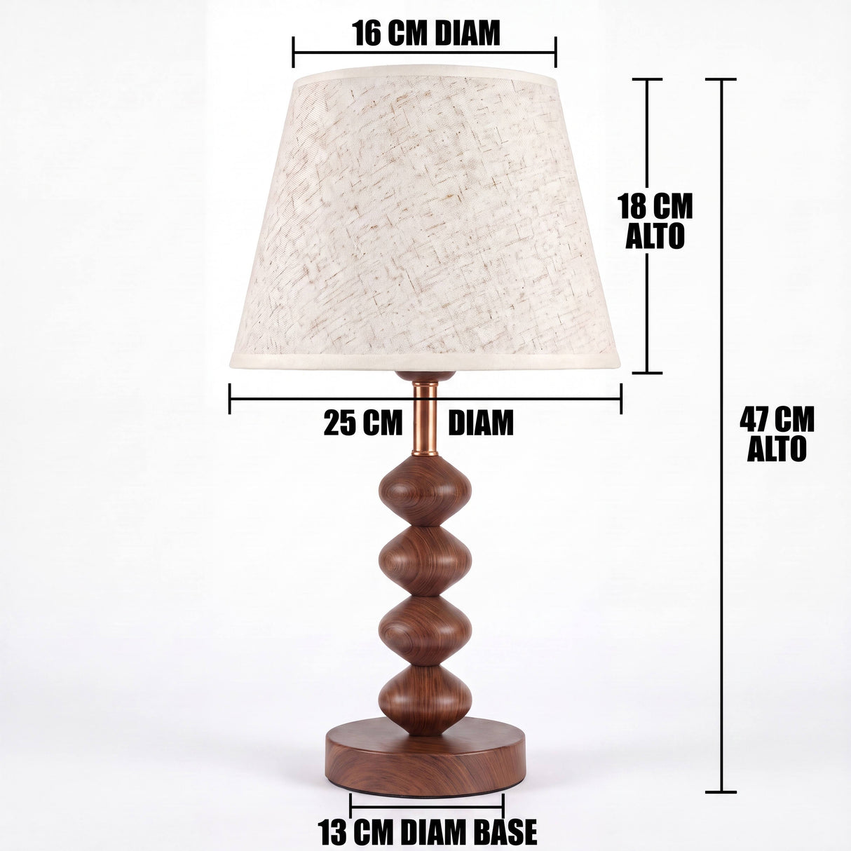 Dimensiones de la lámpara de mesa GRETA: 47 cm de alto y pantalla de 25 cm