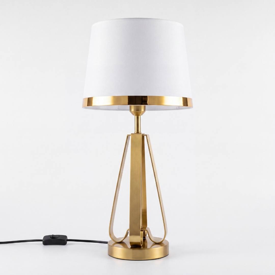 Lámpara de mesa Iris Gold con pantalla blanca sobre fondo blanco