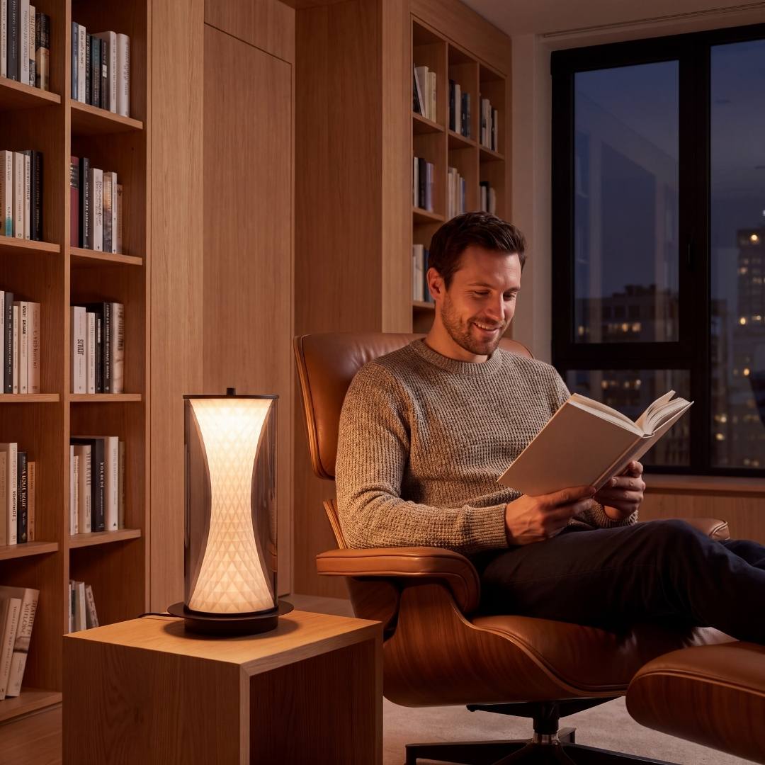 Hombre leyendo en su biblioteca junto a la lámpara de mesa LED ONIX