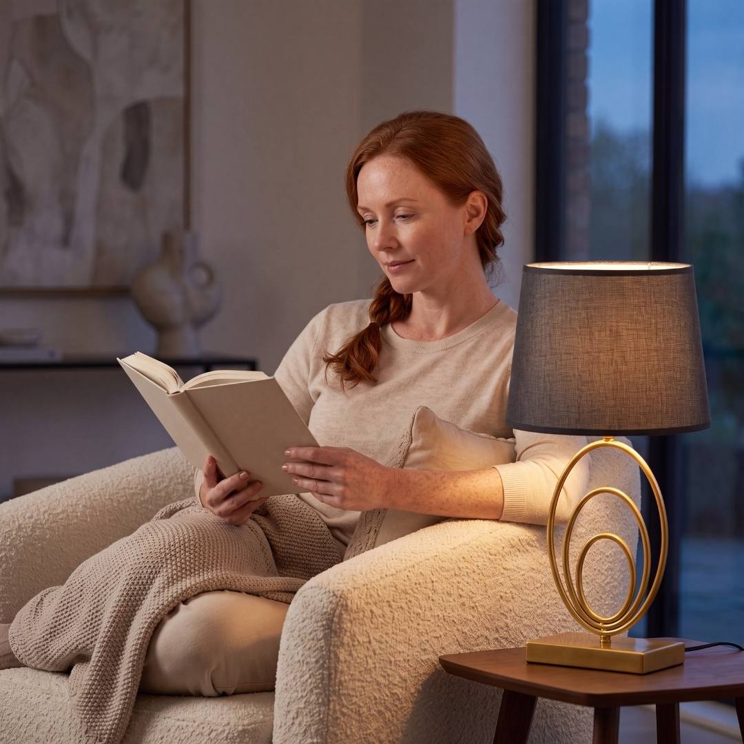 Mujer leyendo en el sillón junto a la luz cálida de la lámpara de mesa
