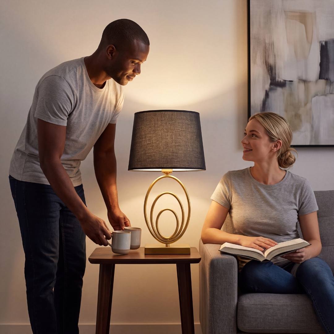 Pareja conversando junto a la luz cálida de la lámpara de anillos dorados