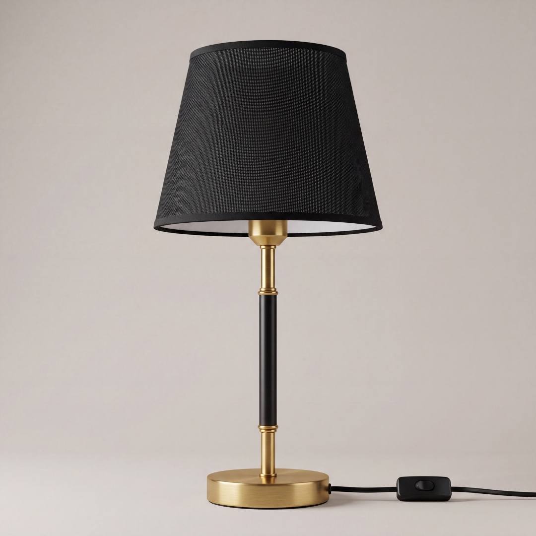 Lámpara Margot Gold encendida mostrando su pantalla con interior blanco