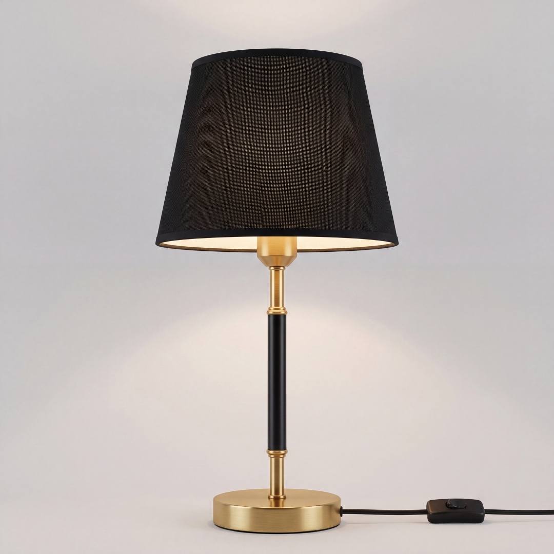 Lámpara de mesa negra con dorado en mesa auxiliar de sala luminosa