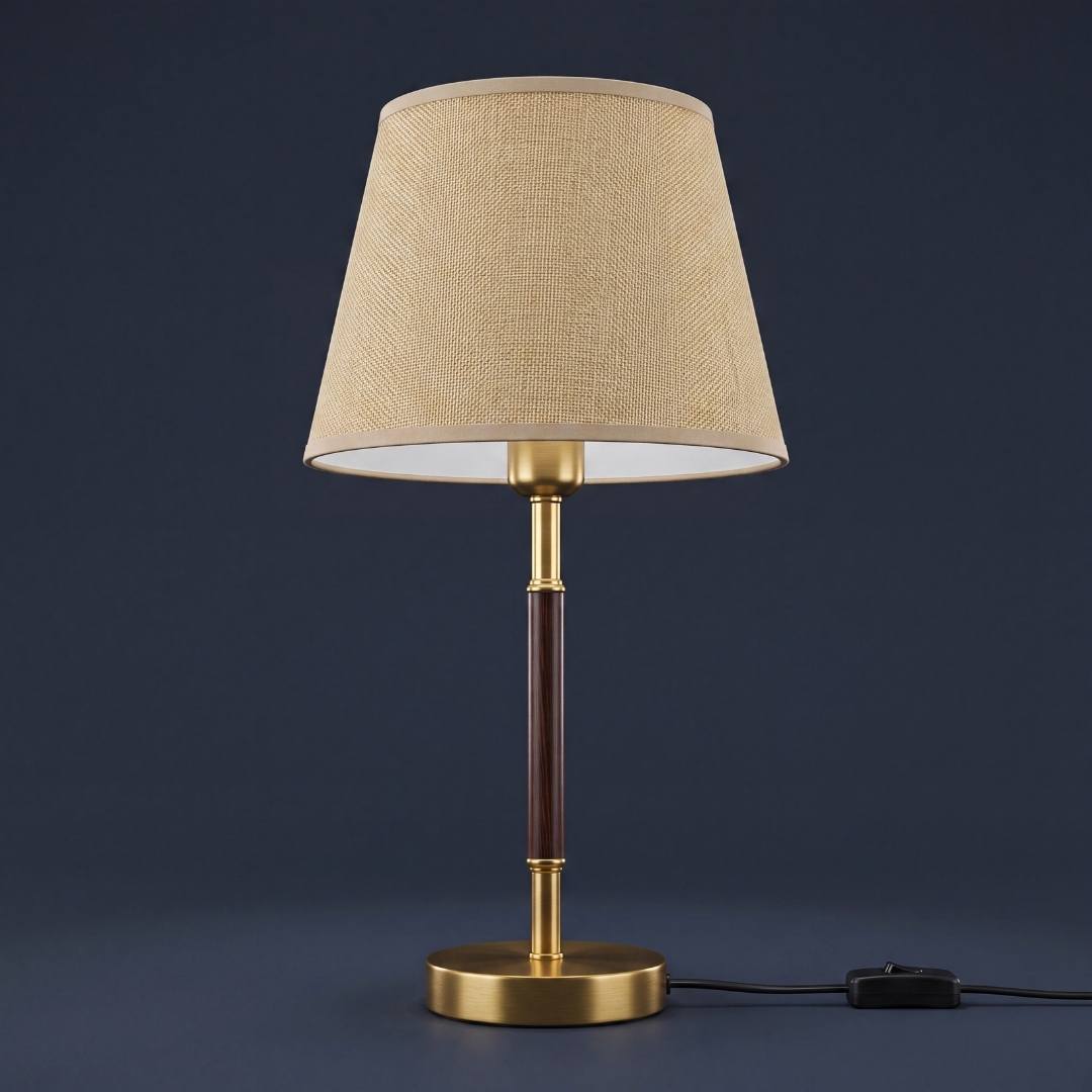 Lámpara de mesa MARGOT WALNUT AND GOLD encendida sobre fondo azul oscuro elegante