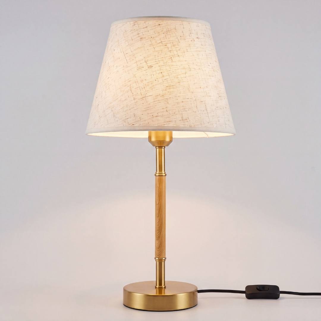 Lámpara de mesa MARGOT WOOD AND GOLD encendida con luz cálida y pantalla crema