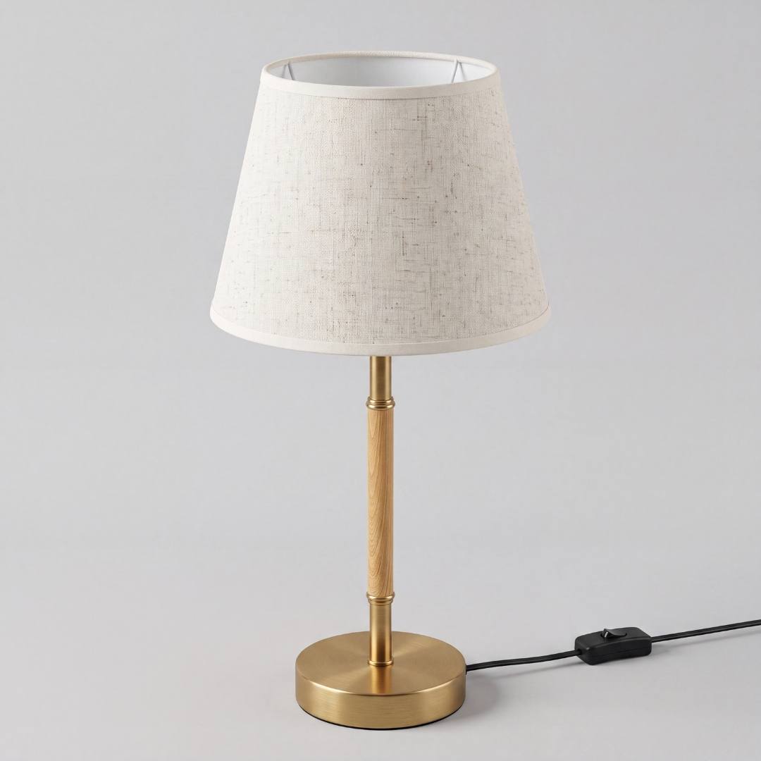 Lámpara de mesa MARGOT WOOD AND GOLD dorada y madera clara sobre fondo gris neutro