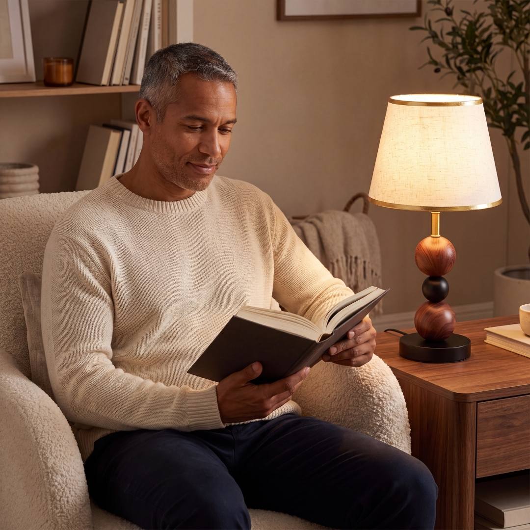 Hombre leyendo en el sillón junto a la luz cálida de la lámpara