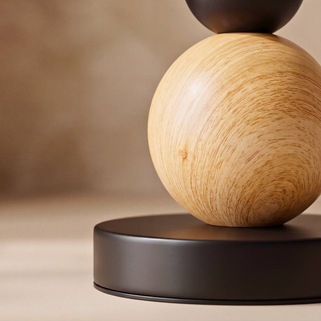 Primer plano de la esfera de madera natural sobre base negra de la lámpara MAYA