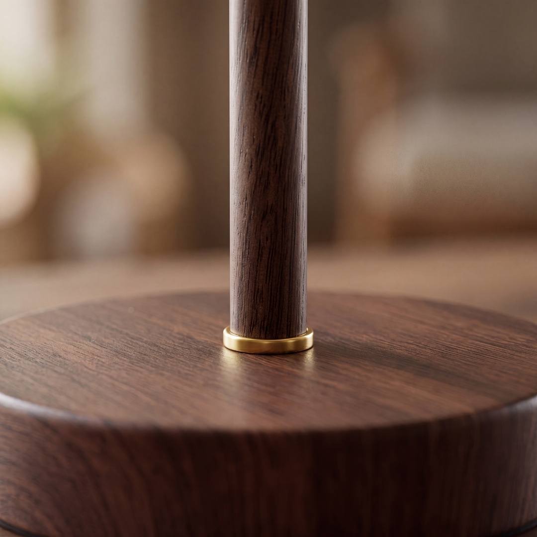 Primer plano de la madera nogal con veta y anillo dorado de la lámpara NORA WALNUT