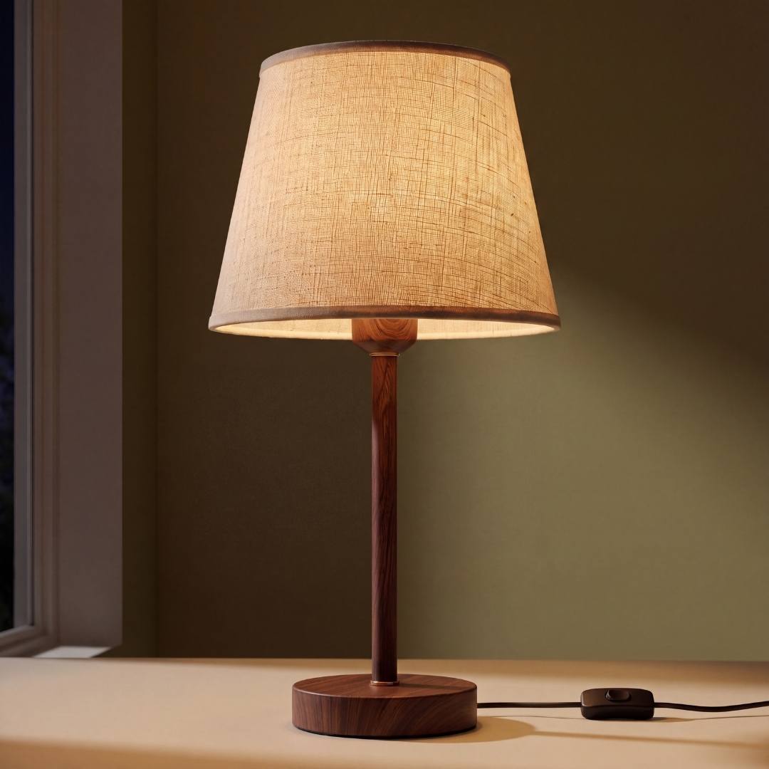 Lámpara de mesa NORA WALNUT de madera nogal con pantalla de lino natural