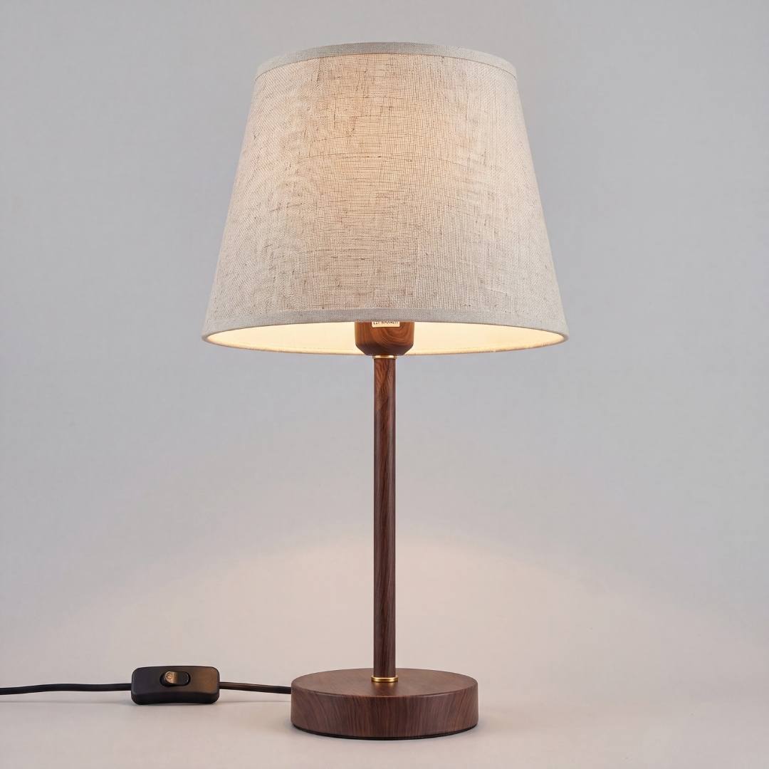 Lámpara de mesa NORA WALNUT encendida mostrando su pantalla de lino con luz cálida