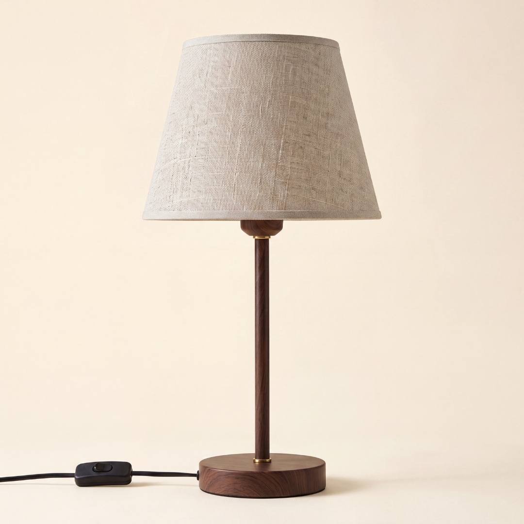 Lámpara de mesa NORA WALNUT apagada con cable e interruptor sobre fondo blanco