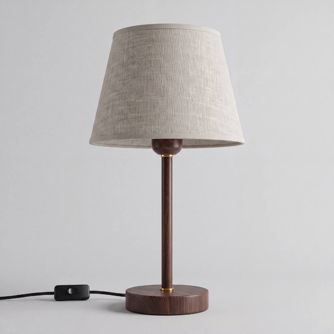 Lámpara de mesa NORA WALNUT con base de madera nogal sobre fondo claro neutro