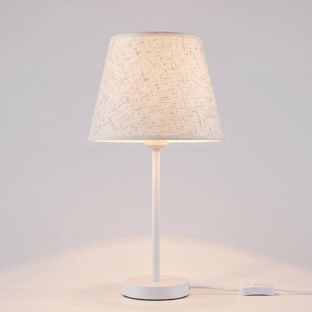 Lámpara de mesa NORA WHITE de metal blanco mate con pantalla cónica de lino