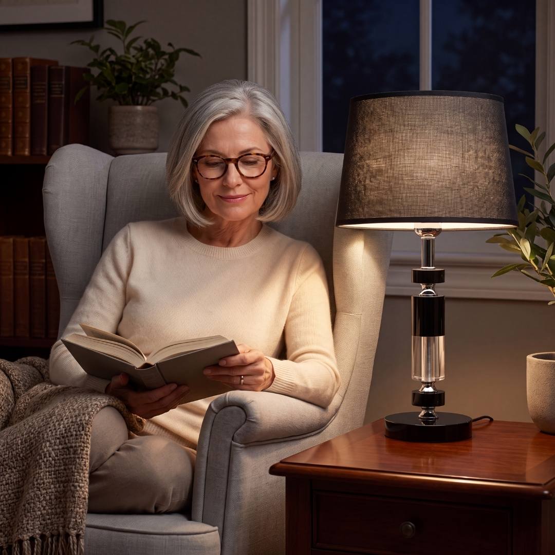 Mujer leyendo en el sillón junto a la luz cálida de la lámpara