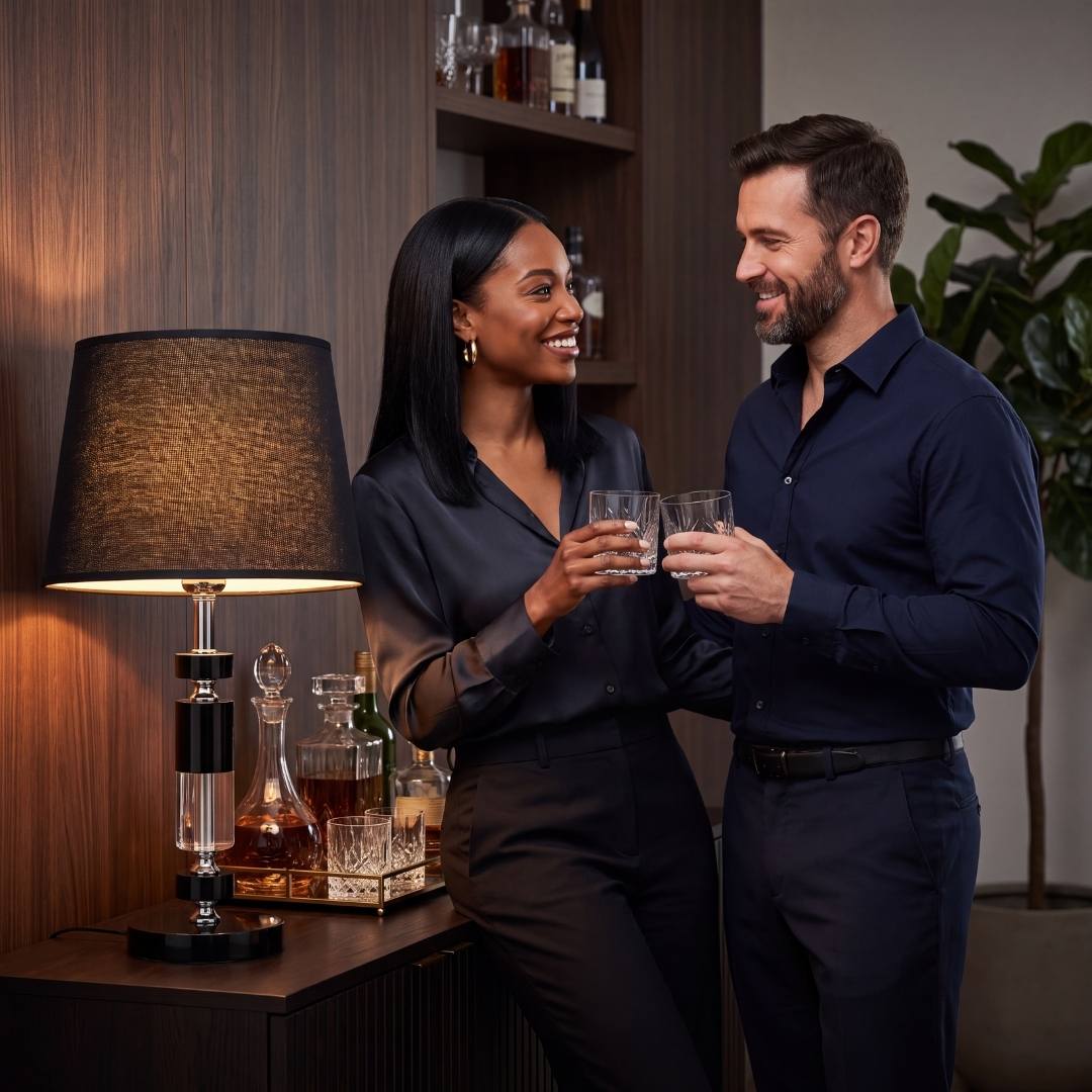 Pareja compartiendo junto a la luz cálida de la lámpara de mesa