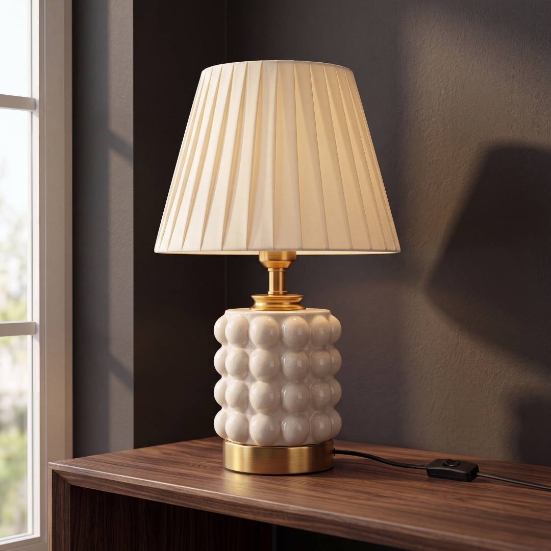 Lámpara de mesa PERLA CREAM AND GOLD de cerámica crema con burbujas y pantalla plisada