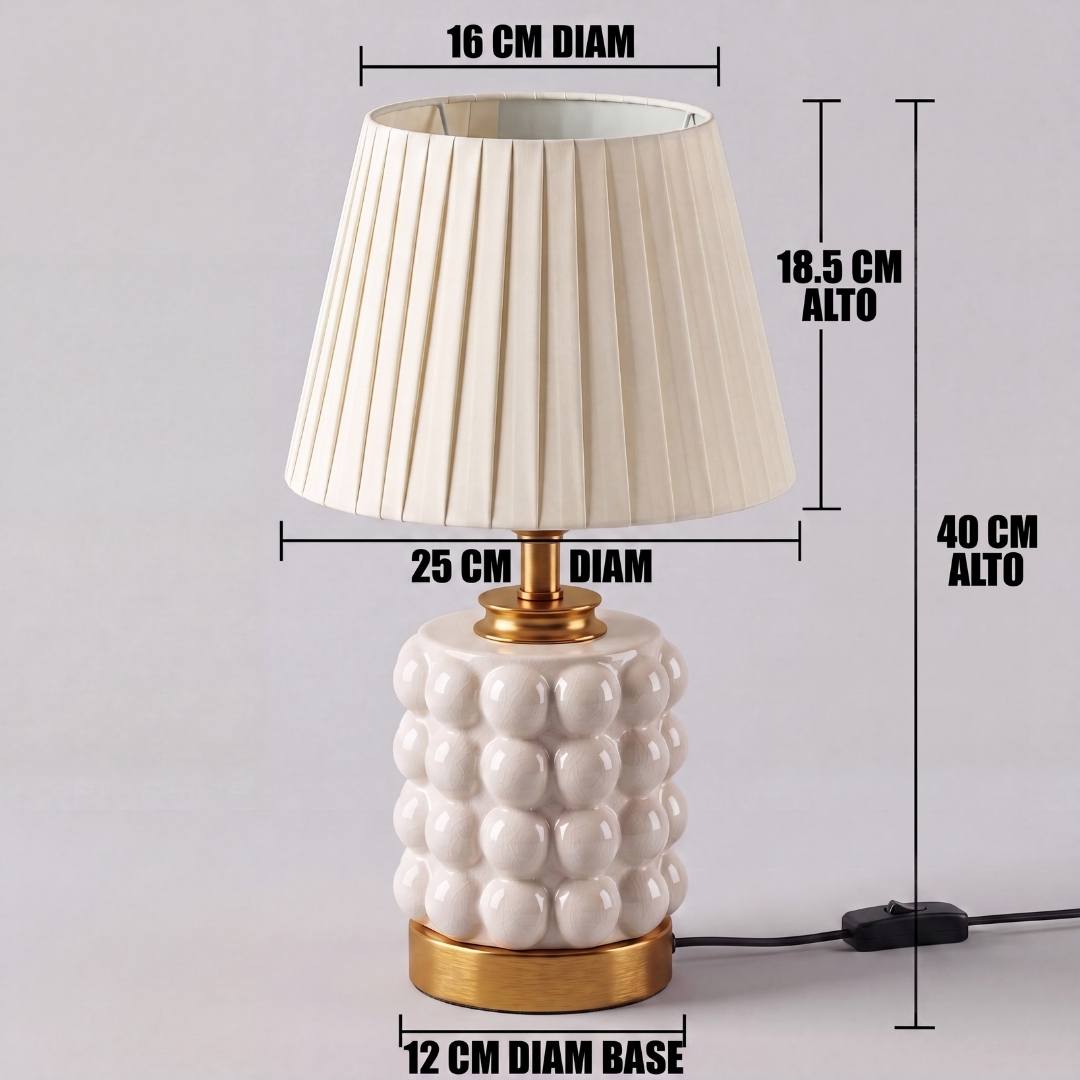Dimensiones de la lámpara de mesa PERLA CREAM AND GOLD con pantalla plisada crema
