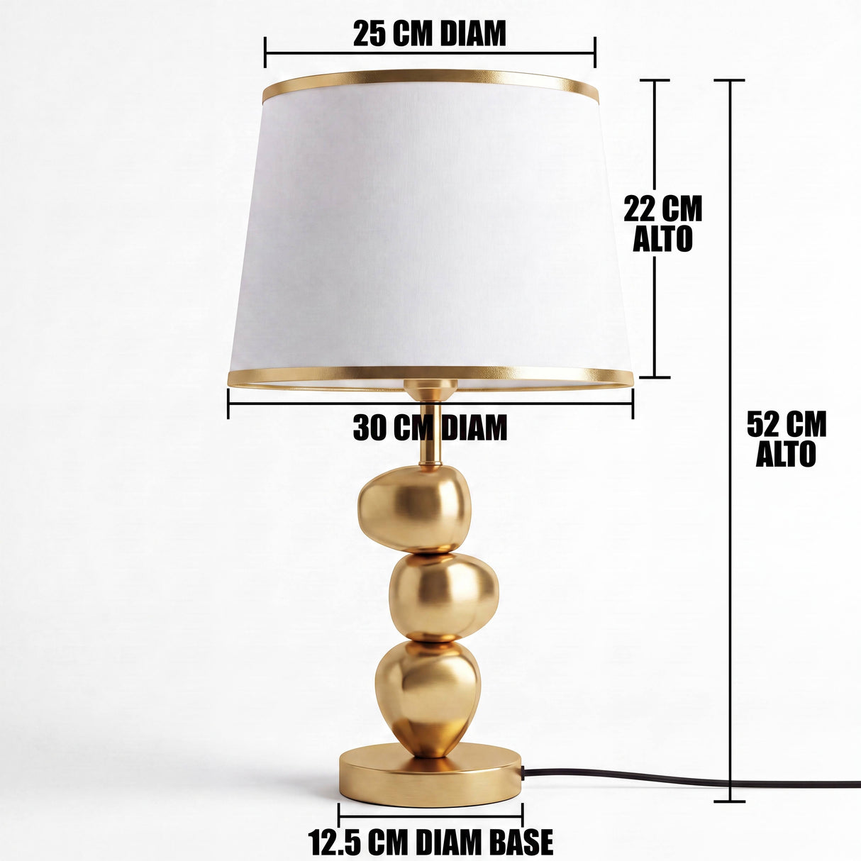 Dimensiones de la lámpara de mesa PIETRA GOLD: 52 cm de alto y pantalla de 30 cm