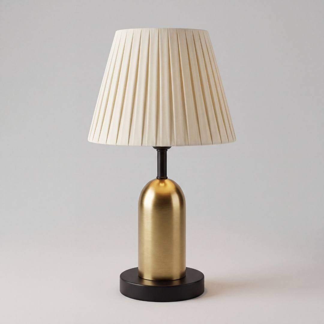 Lámpara de mesa dorada con pantalla plisada marfil en ambiente claro
