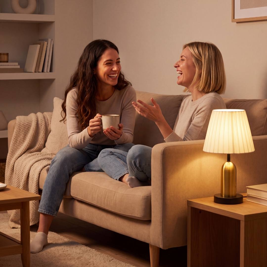 Amigas conversando en la sala junto a la luz cálida de la lámpara