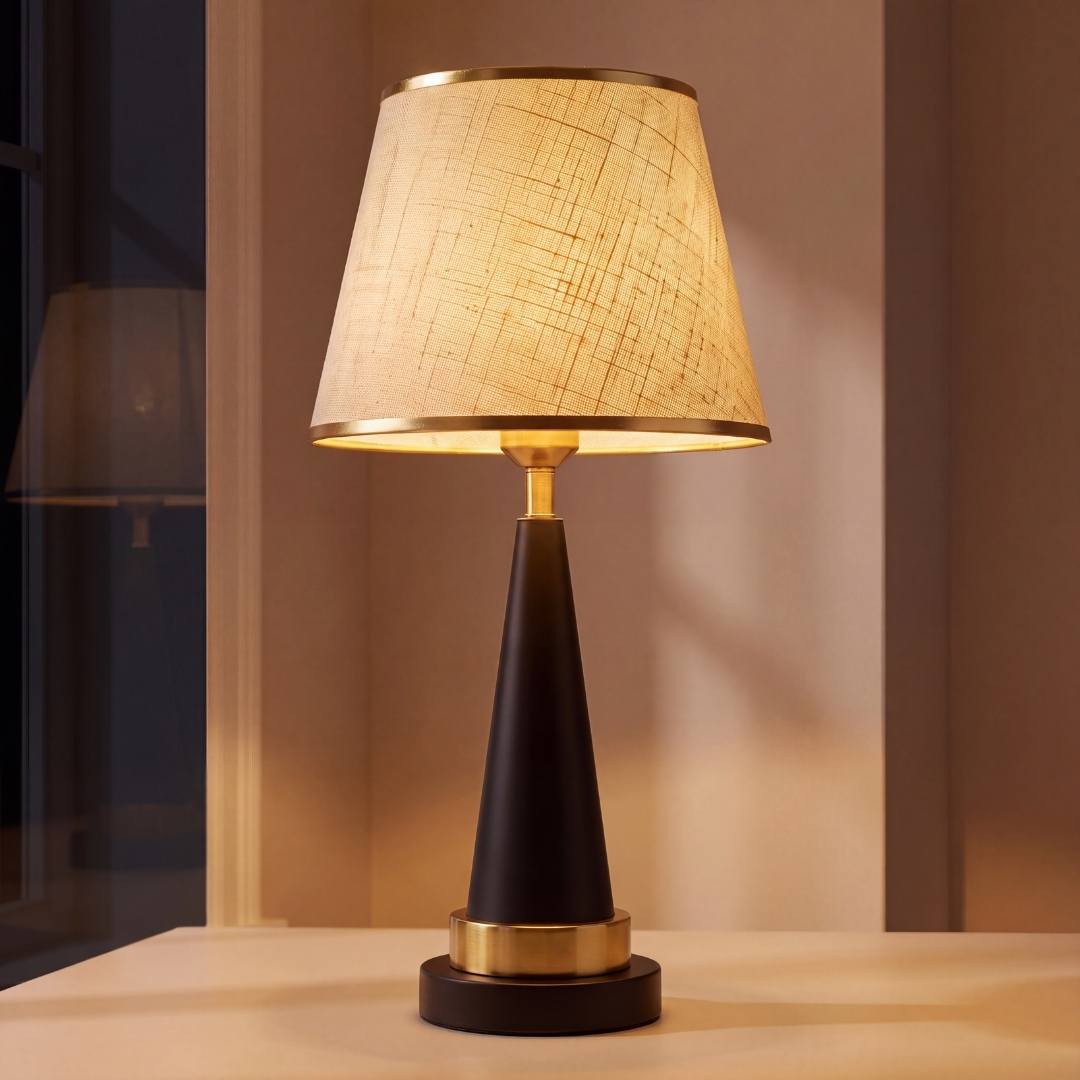 Lámpara de mesa AURELIA con pantalla de lino beige y base negra dorada