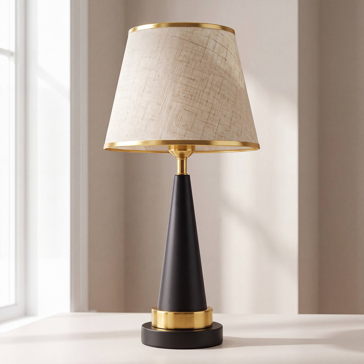 Lámpara de mesa AURELIA con pantalla de lino beige y base negra dorada