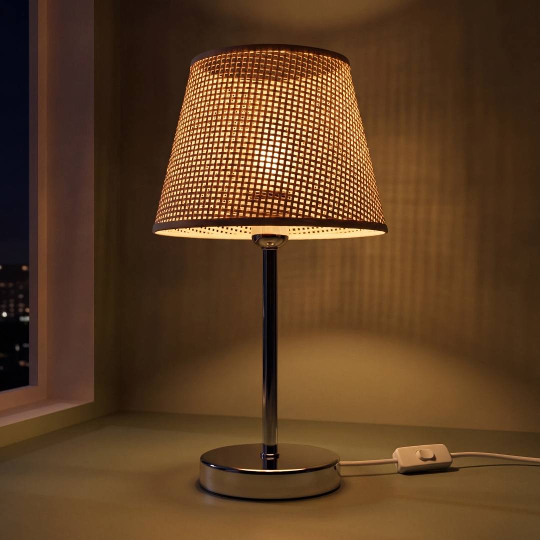 Lámpara de mesa CAPRI con pantalla de ratán y base cromada sobre mesa blanca