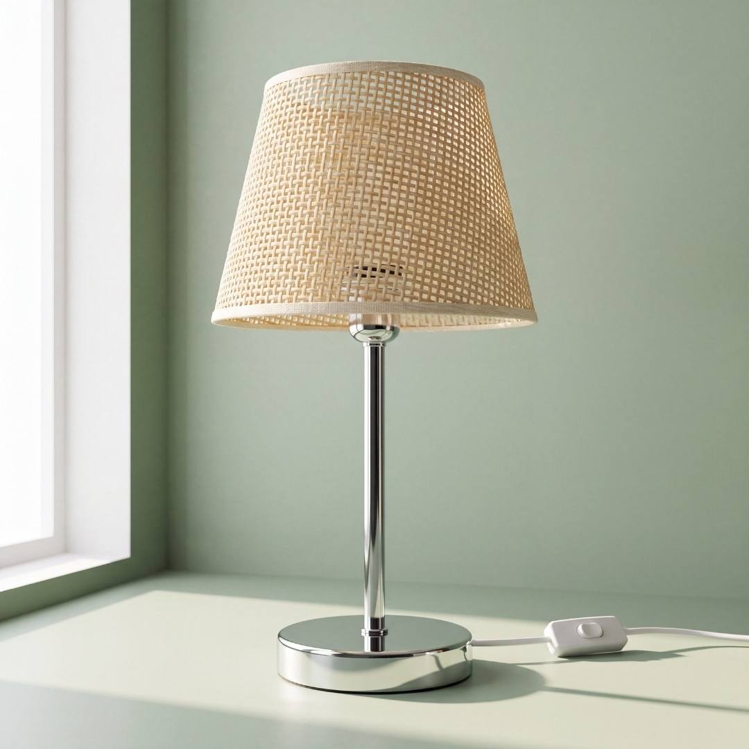 Lámpara de mesa CAPRI con pantalla de ratán y base cromada sobre mesa blanca