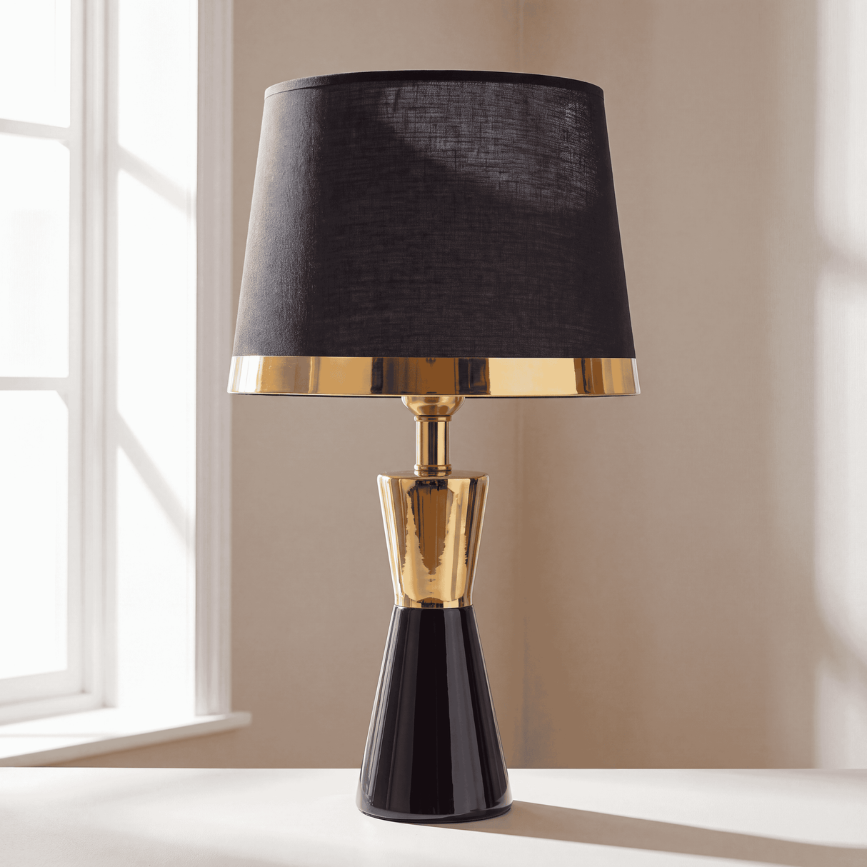 Lámpara de mesa CLEO GOLD negra con aro dorado junto a ventana luminosa