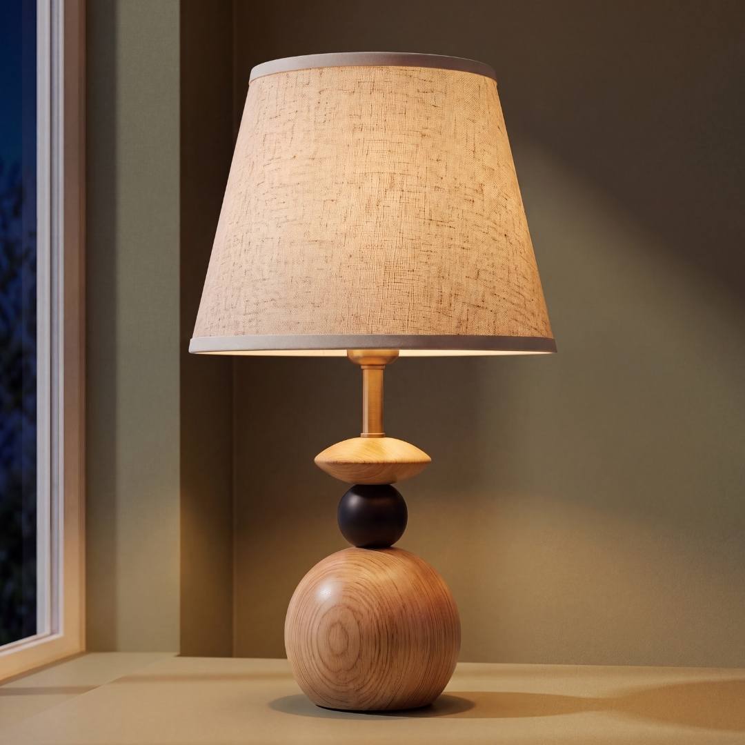 Lámpara de mesa FREYA de madera natural con pantalla de lino claro