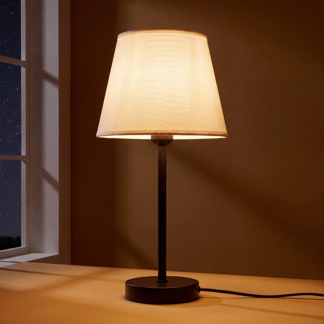 Lámpara de mesa NORA negra minimalista con pantalla de tela crudo