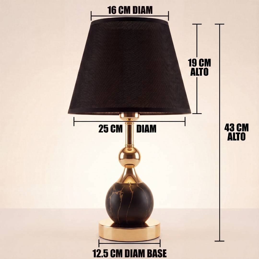 Dimensiones de la lámpara de mesa VENUS BLACK AND GOLD con pantalla negra