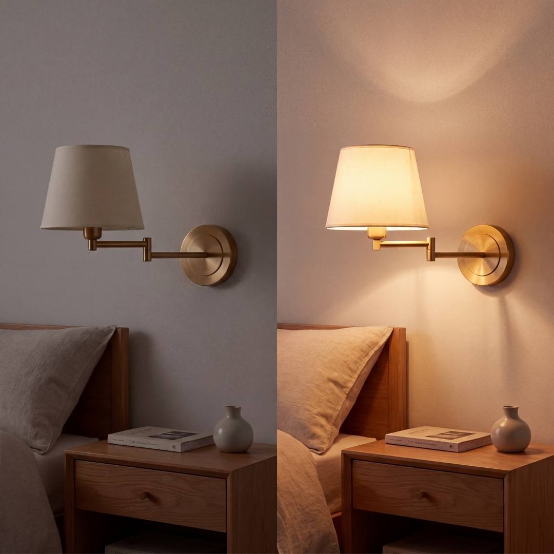 Lámpara de pared GALA Gold apagada y encendida en el mismo ambiente