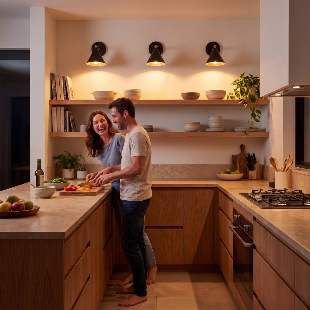 Lámpara de pared BRERA iluminando una cocina moderna con repisas de madera