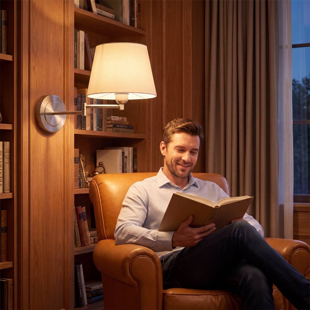 Hombre leyendo en un sillón de cuero iluminado por el aplique GALA níquel