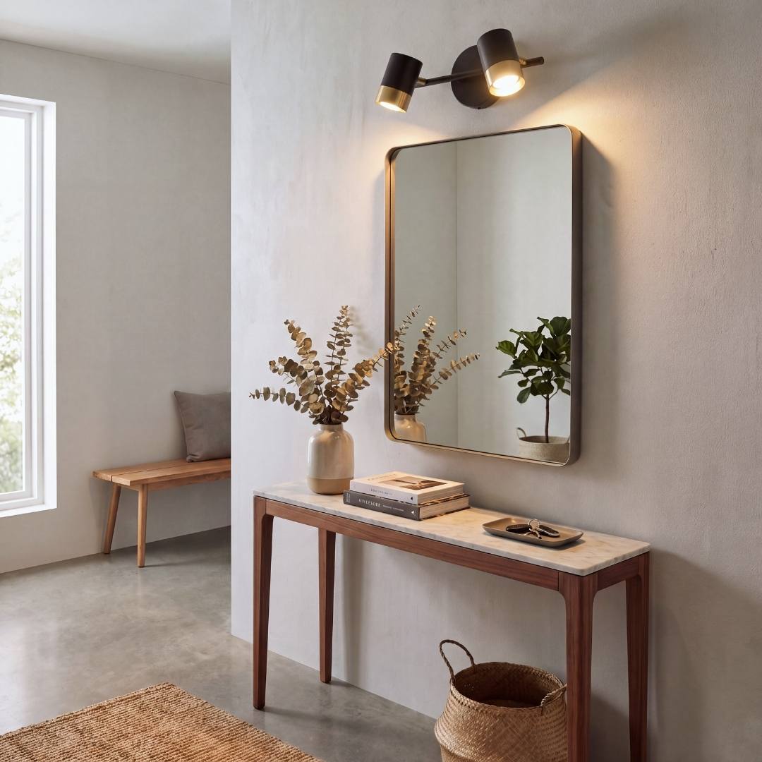 Lámpara de pared negra y dorada sobre espejo de recibidor elegante