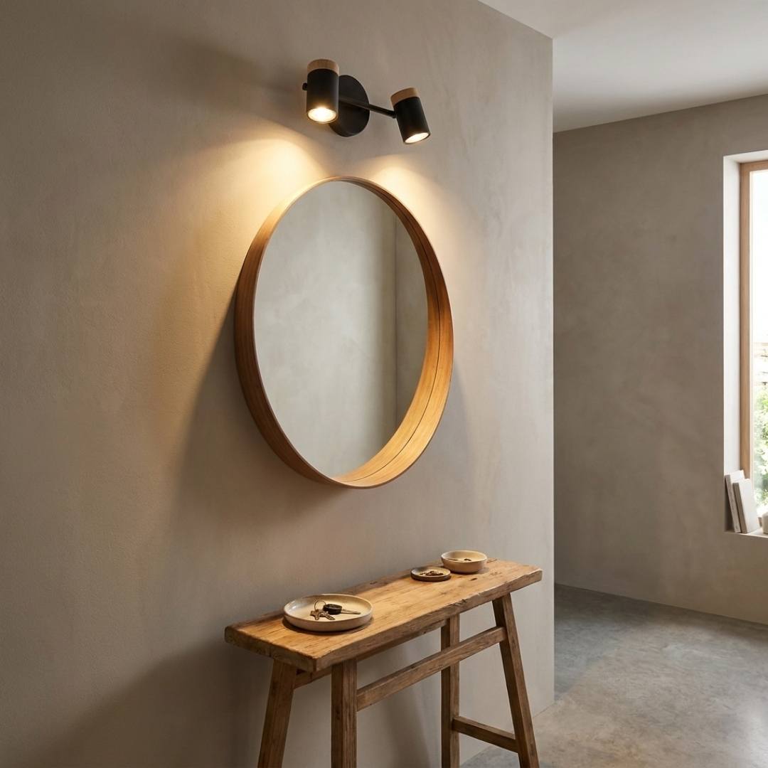 Lámpara de pared negra con madera sobre espejo redondo de recibidor