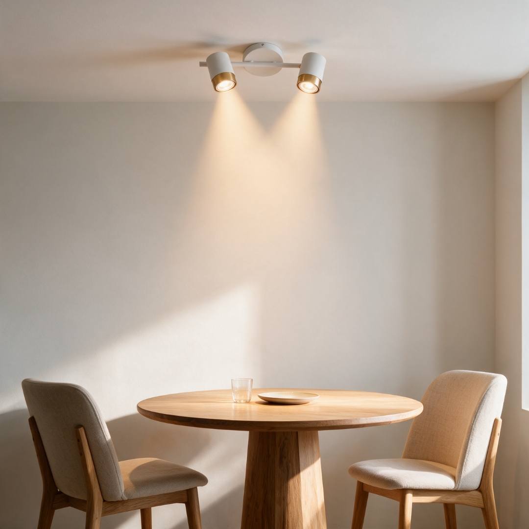 Lámpara de pared blanca y dorada iluminando rincón de comedor