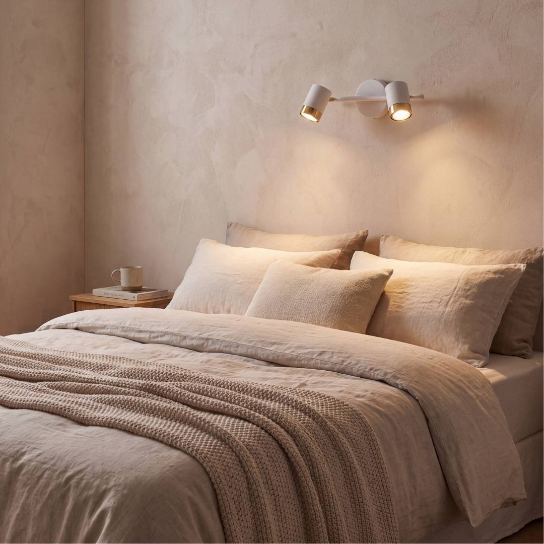 Lámpara de pared con spots iluminando dormitorio en tonos cálidos