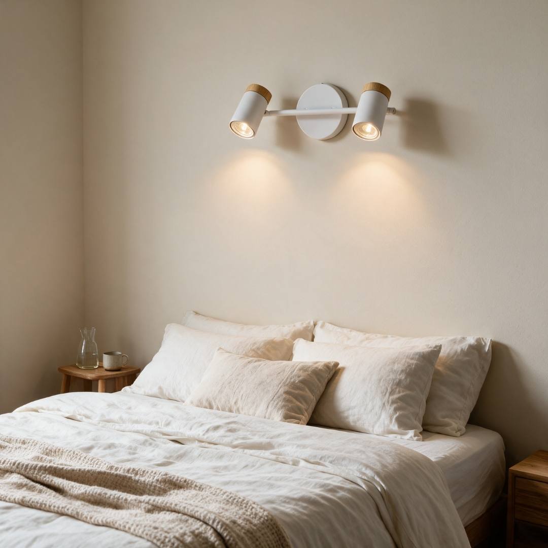 Lámpara de pared con spots blancos iluminando dormitorio acogedor
