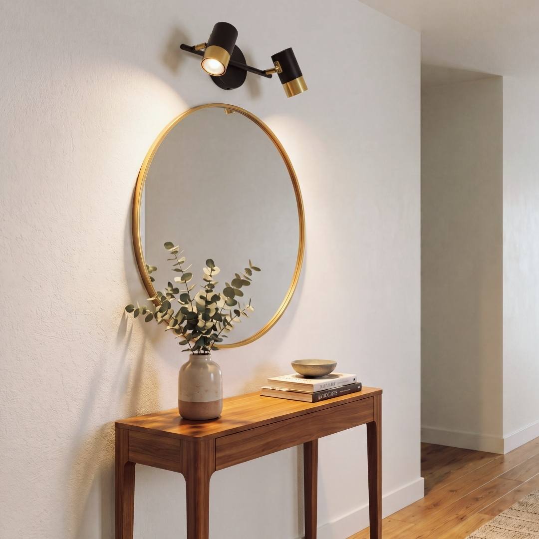 Lámpara de pared con spots iluminando tocador con espejo redondo