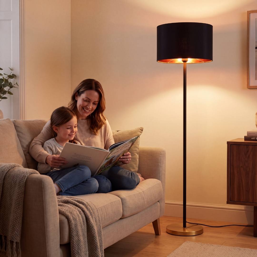Madre e hija leyendo en el sofá junto a la lámpara de pie para sala