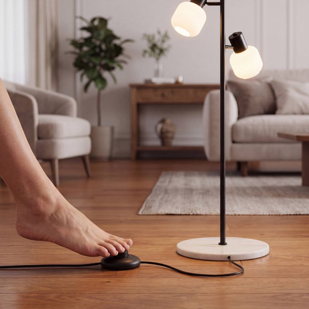 Pie presionando el interruptor de pedal de la lámpara para encenderla sin agacharse