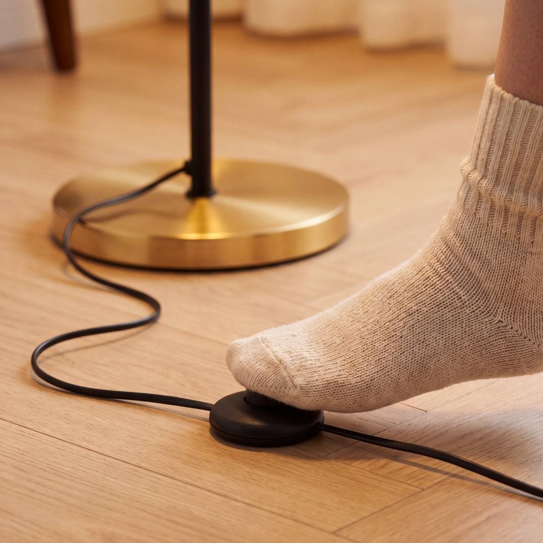 Base dorada de la lámpara ALMA con cable e interruptor de pedal en el piso