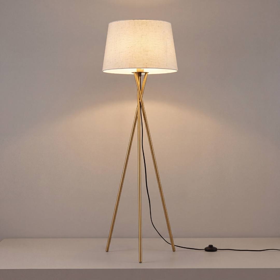 Lámpara de pie dorada encendida sobre piso de madera en ambiente moderno